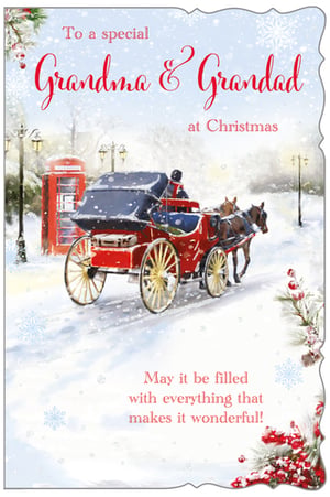 A Christmas card for Grandma and Grandad with a horse-drawn carriage.