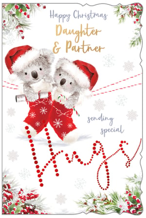 A Christmas card that says "Happy Christmas, daughter and partner."