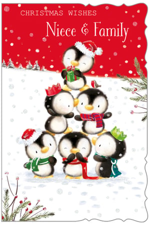 A Christmas card for my niece and her family featuring penguins, stacked on top of each other.