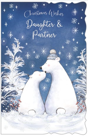 A Christmas card with two polar bears and the words "Christmas wishes, daughter & partner."