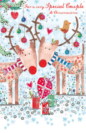 A Christmas card that says "For a very special couple at Christmastime."