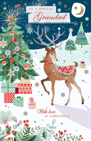 A Christmas card for a special granddad with a deer and a Christmas tree.
