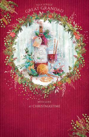 A Christmas card that says "To a lovely Great Grandad, with love at Christmastime."