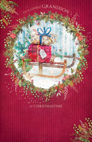 A Christmas card that says "To a lovely grandson at Christmastime."