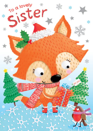 A Christmas card for a lovely sister with a fox wearing a Santa hat.