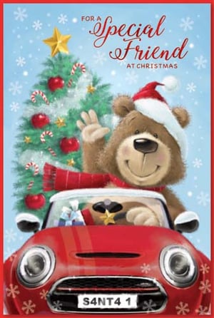 A teddy bear is driving a red car with a Christmas tree in the background.