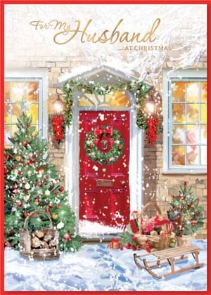 A Christmas card for a husband with a red door decorated with a wreath.