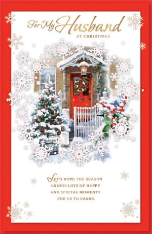 A Christmas card for a husband with a Christmas tree and snowflakes.