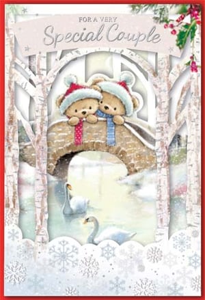 Two teddy bears are sitting on a bridge over a pond.