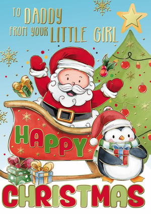 A Christmas card that says "To Daddy, from your little girl."