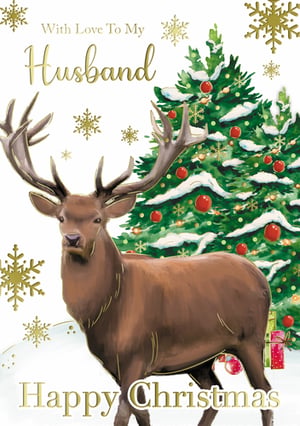 A Christmas card with a deer in front of a Christmas tree for a husband.