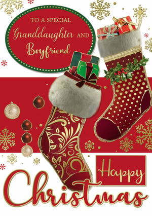 A Christmas card that says "to a special granddaughter and boyfriend."