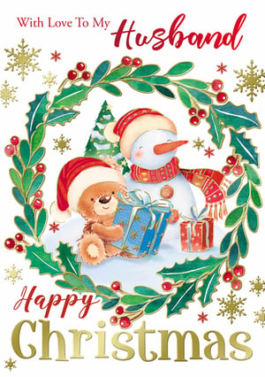A Christmas card that says "With love to my husband, Happy Christmas"?