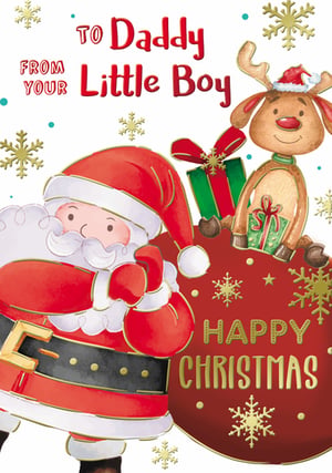 A Christmas card that says "To Daddy, from your little boy."