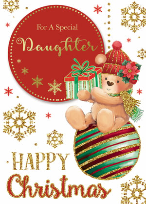 A Christmas card with a teddy bear for a special daughter.