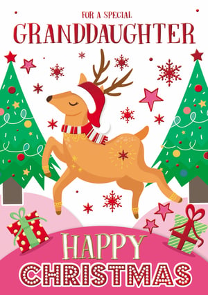 A Christmas card for a granddaughter with a reindeer wearing a Santa hat.