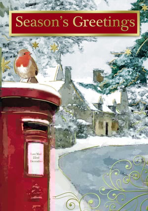 a season 's greetings card with a red mailbox
