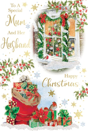 A Christmas card that says to a special mom and her husband.
