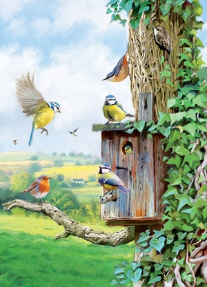 A painting of birds sitting on a tree branch.