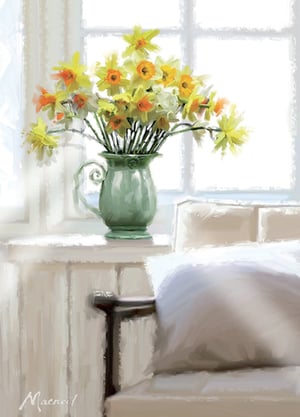 A painting of flowers in a green pitcher by MacNeil.