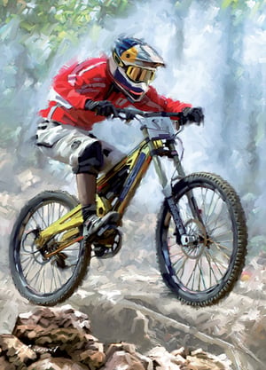 A painting of a person riding a bike with the number 23 on the front.