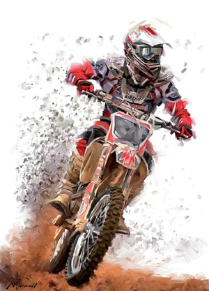 A painting of a man riding a dirt bike with the number 24 on the front.