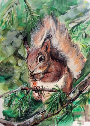 A painting of a squirrel on a tree branch.