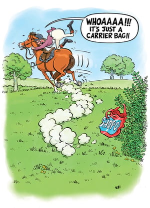 A cartoon of a man riding a horse says, "Whoa, it's just a carrier bag."