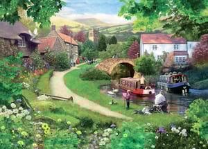 A painting of a river scene with boats and a bridge.