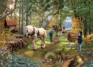 A painting of a horse pulling logs in the woods.