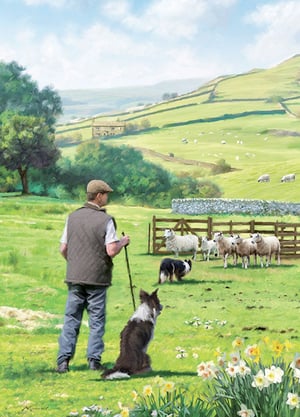 A painting of a man and a dog looking at sheep in a field.