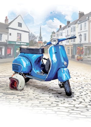 A blue Vespa scooter is parked on a cobblestone street.