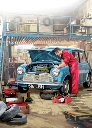 A man is working on a blue car with a license plate that says 518 LBH.