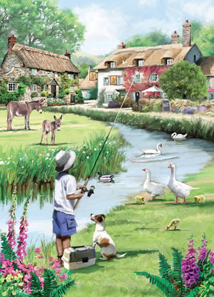A painting of a boy fishing beside a river.