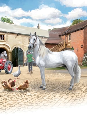 A painting of a man standing next to a white horse.