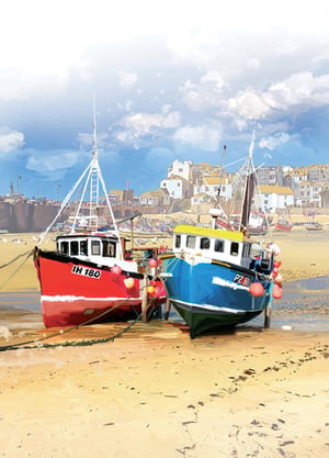 A painting of two boats, one of which has the number 160 on it.