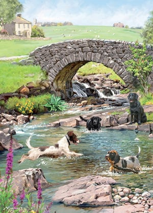 A painting of dogs playing in a river under a stone bridge.