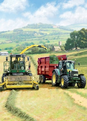 A painting of a John Deere tractor in a field.