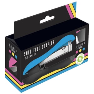 A blue stapler in a box that says "soft feel stapler."