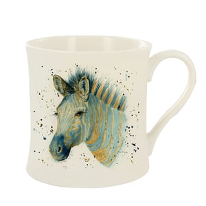 A white mug with a picture of a zebra on it.