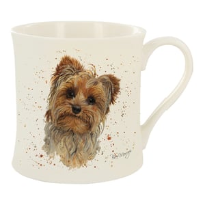 A white mug with a picture of a Yorkshire Terrier on it.