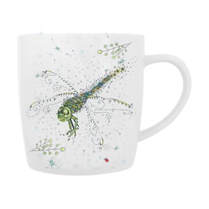 A white mug with a dragonfly on.