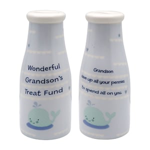 A piggy bank that says "Wonderful Grandson's Treat Fund."