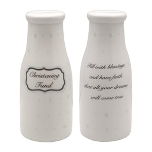 A salt and pepper shaker that says "fill with blessings and have faith that all your dreams will come true."