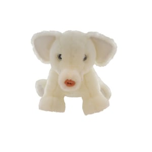 A white stuffed animal with big ears and a red nose.
