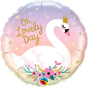 A swan balloon which says "Oh, lovely day."