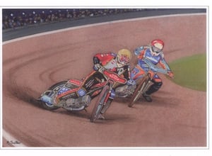 A drawing of two motorcycle racers, one of whom is wearing a shirt that says 'Sutton' on it.