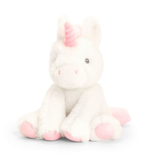 A white stuffed unicorn with a pink horn.