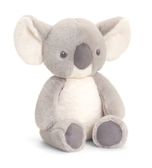 A stuffed koala bear is sitting on a white background.
