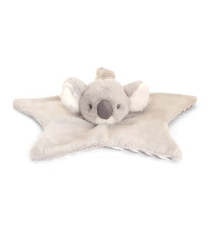 A stuffed koala bear is lying on a star-shaped blanket.